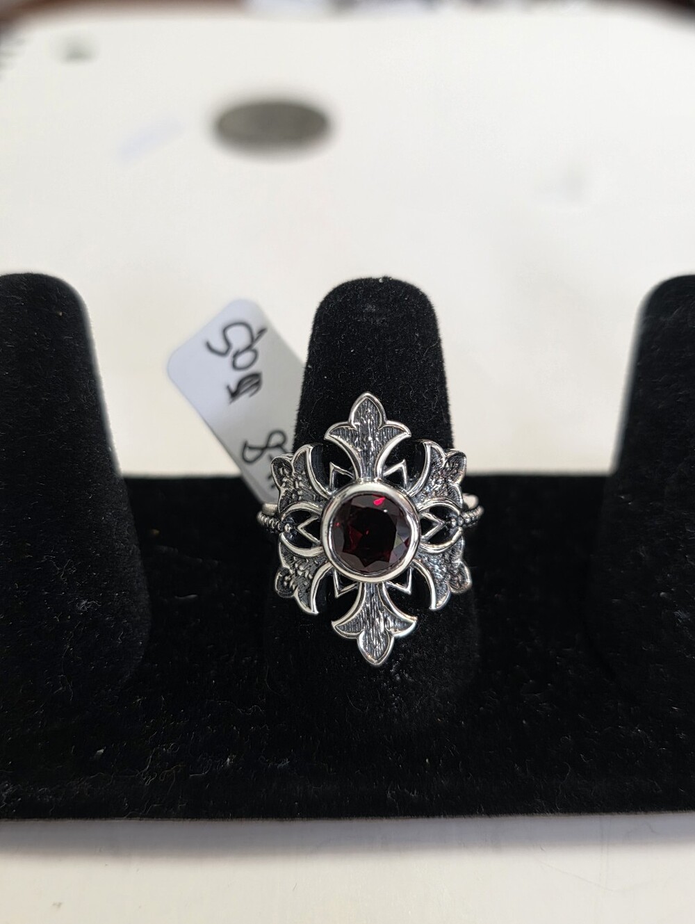 Sterling Silver Floral Ring with Deep Garnet Red Stone